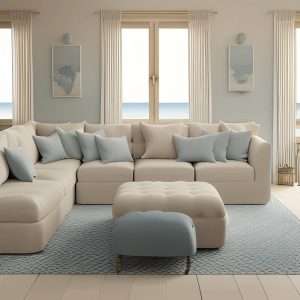 Calming Blues: colours that go with beige sofa 